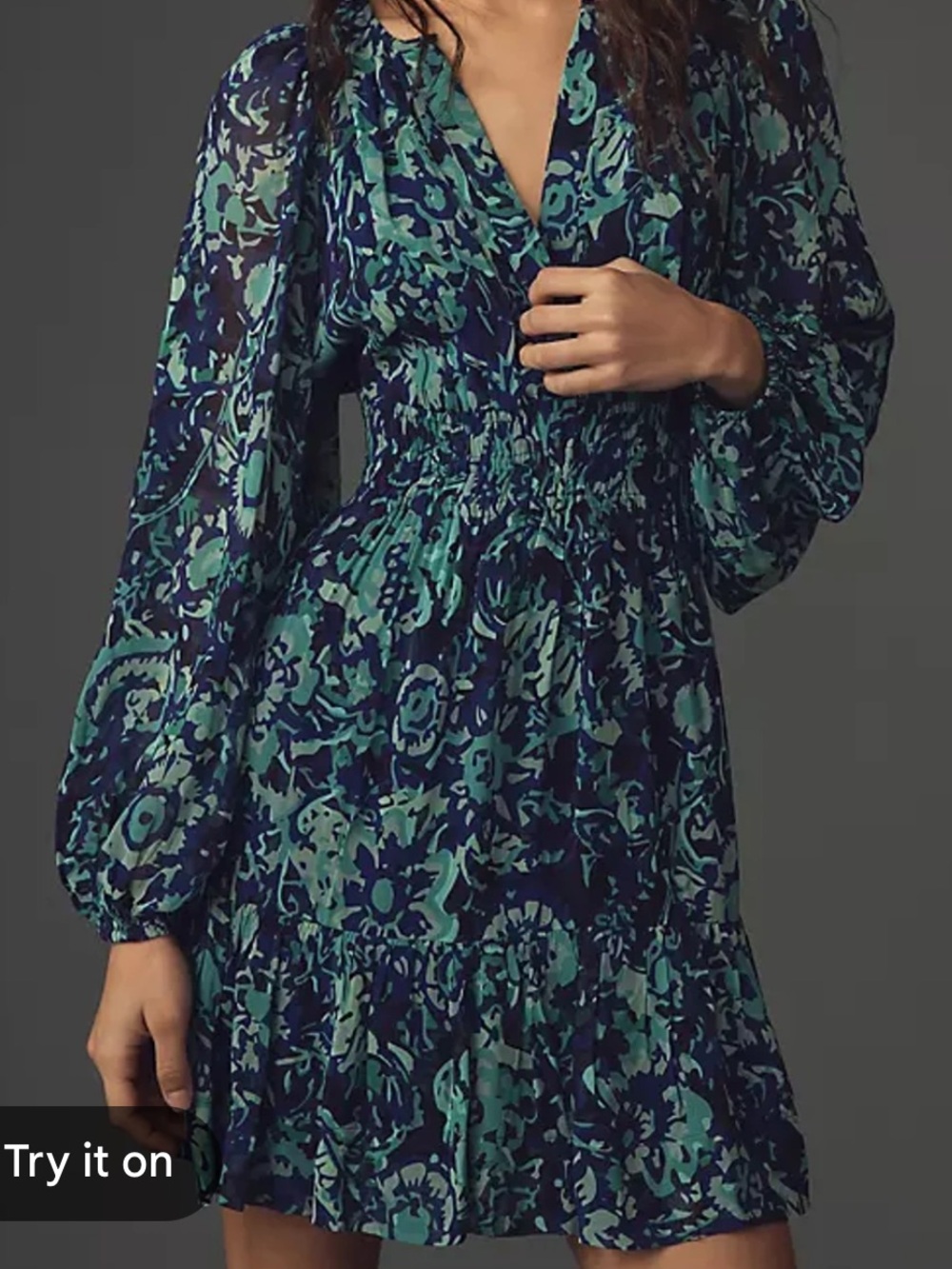 Anthropologie Teal and Navy Floral V‑Neck Long Sleeve Dress
